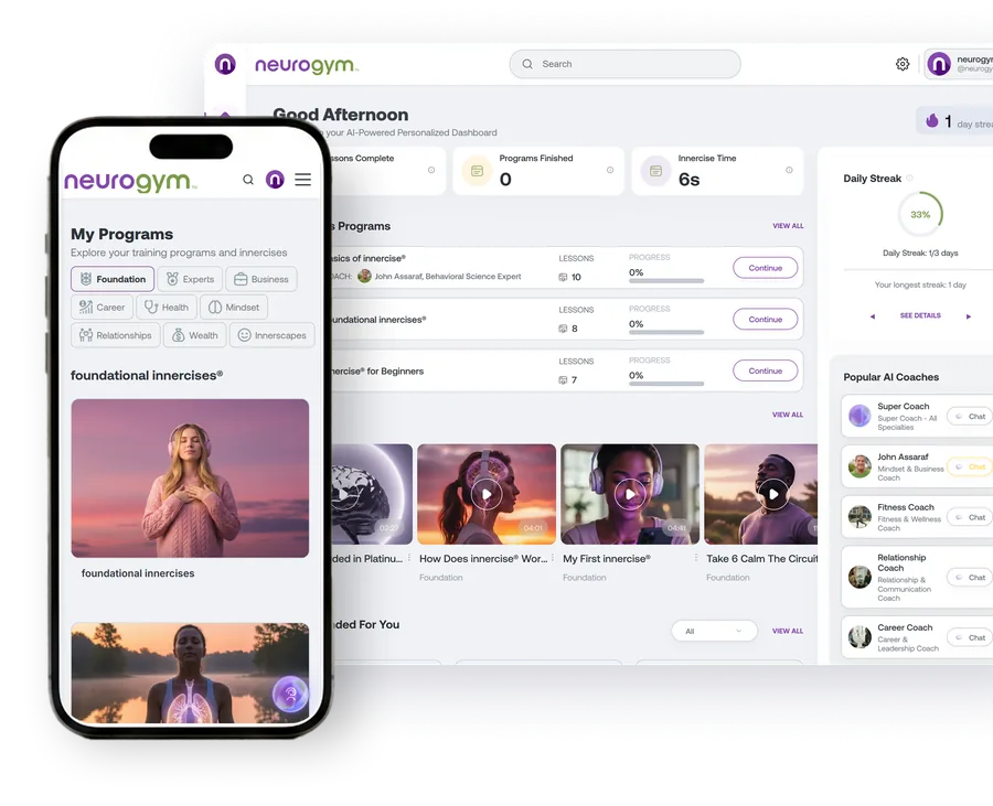 The NeuroGym platform dashboard on desktop and phone