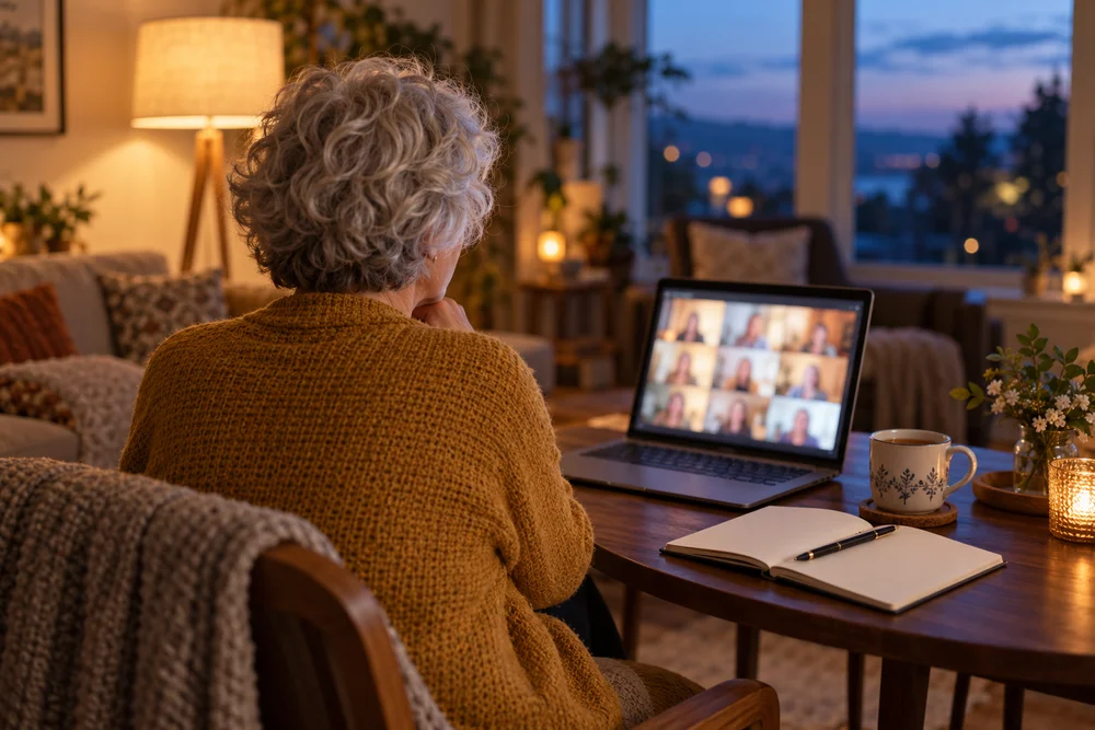 A woman seen from behind joining an online group session on a laptop at a round wooden table in a living room at dusk, with a mug of tea and an open notebook beside it
