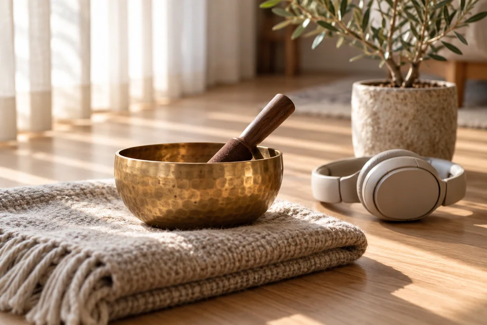 A hammered brass singing bowl with a wooden striker on a folded wool blanket beside sand-colored headphones and a small olive tree in soft morning light
