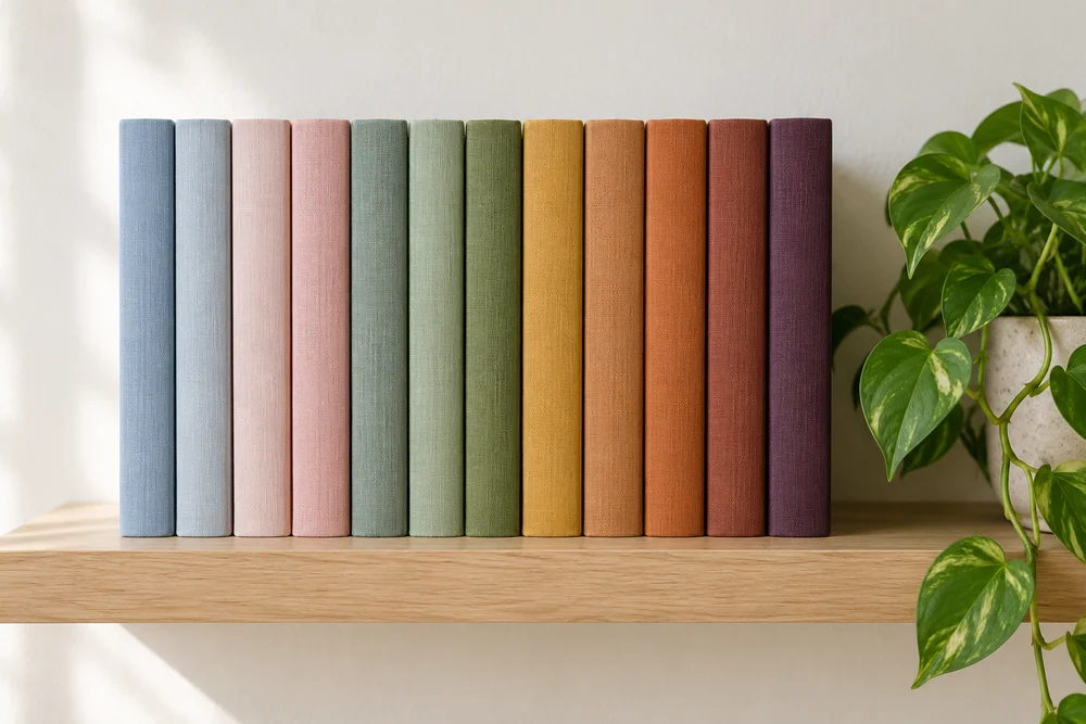 Twelve linen-bound journals in different muted seasonal colors, spines facing out, in a row on a pale wooden shelf next to a trailing plant